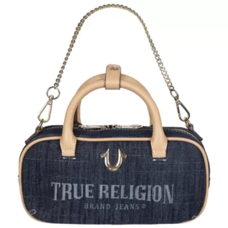 True Religion Bentley Denim & PU Mini Satchel – Women’s Top Handle Crossbody Handbag with Chain Detail (Dark Denim)