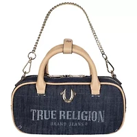True Religion Bentley Denim & PU Mini Satchel – Women’s Top Handle Crossbody Handbag with Chain Detail (Dark Denim)