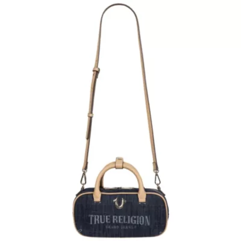 True Religion Bentley Denim & PU Mini Satchel – Women’s Top Handle Crossbody Handbag with Chain Detail (Dark Denim)