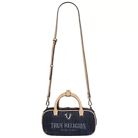 True Religion Bentley Denim & PU Mini Satchel – Women’s Top Handle Crossbody Handbag with Chain Detail (Dark Denim)