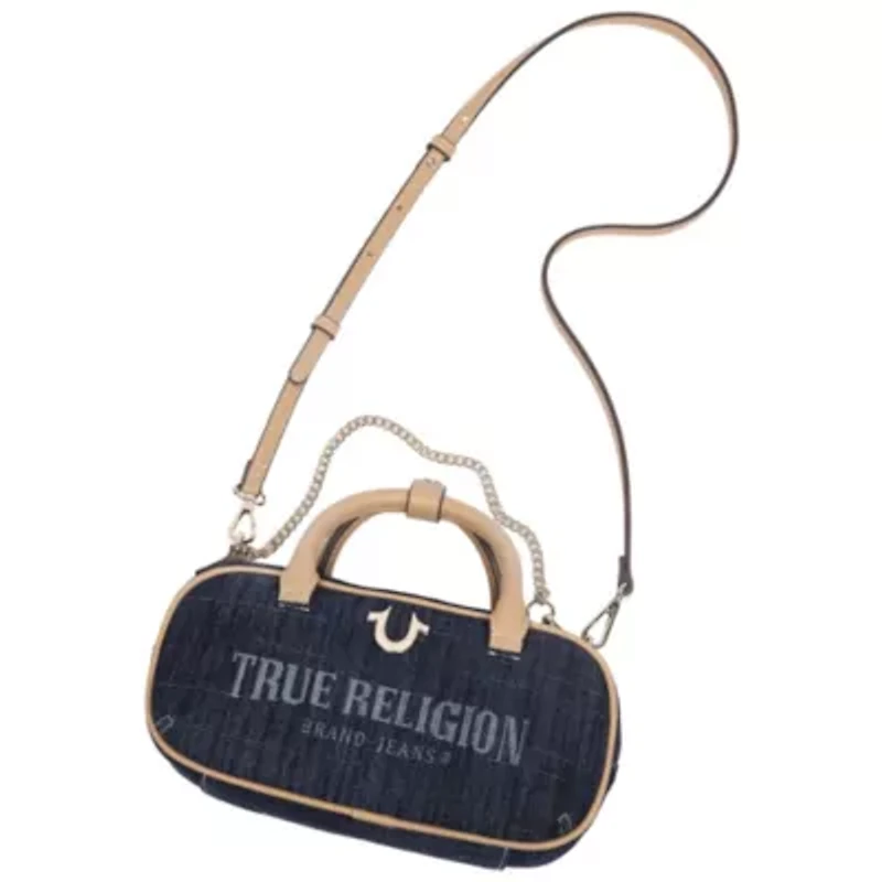 True Religion Bentley Denim & PU Mini Satchel – Women’s Top Handle Crossbody Handbag with Chain Detail (Dark Denim)