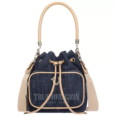 True Religion Bryce Denim & PU Bucket Bag – Women’s Designer Drawstring Bucket Handbag with Crossbody Strap (Dark Denim)