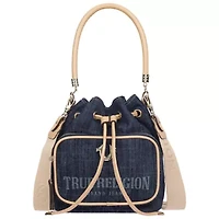True Religion Bryce Denim & PU Bucket Bag – Women’s Designer Drawstring Bucket Handbag with Crossbody Strap (Dark Denim)