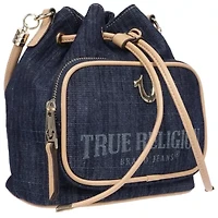 True Religion Bryce Denim & PU Bucket Bag – Women’s Designer Drawstring Bucket Handbag with Crossbody Strap (Dark Denim)