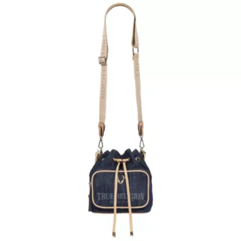 True Religion Bryce Denim & PU Bucket Bag – Women’s Designer Drawstring Bucket Handbag with Crossbody Strap (Dark Denim)