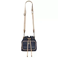 True Religion Bryce Denim & PU Bucket Bag – Women’s Designer Drawstring Bucket Handbag with Crossbody Strap (Dark Denim)