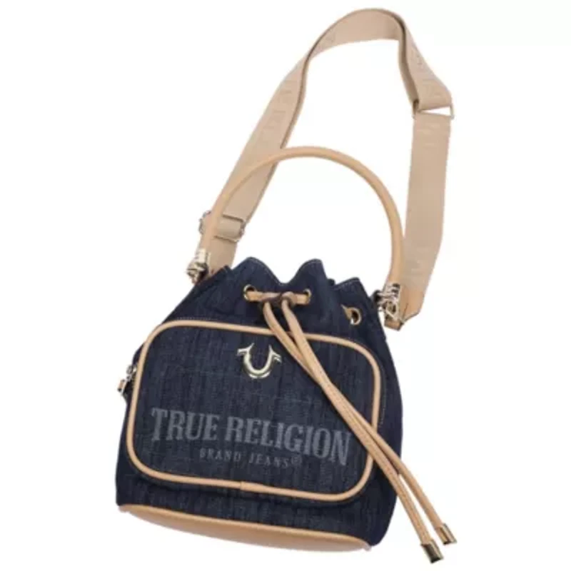 True Religion Bryce Denim & PU Bucket Bag – Women’s Designer Drawstring Bucket Handbag with Crossbody Strap (Dark Denim)