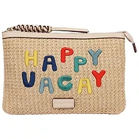 Tommy Bahama Happy Vacay Raffia Clutch – Woven Straw Zip Pouch with Embroidered Lettering