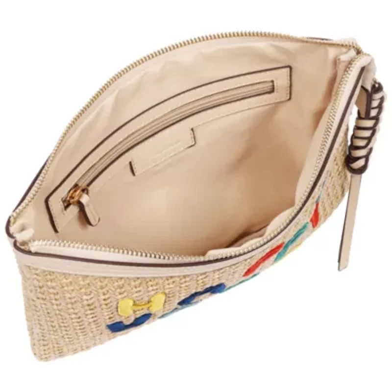 Tommy Bahama Happy Vacay Raffia Clutch – Woven Straw Zip Pouch with Embroidered Lettering