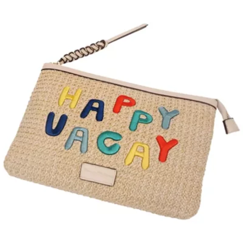 Tommy Bahama Happy Vacay Raffia Clutch – Woven Straw Zip Pouch with Embroidered Lettering