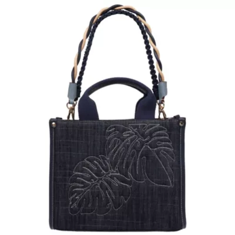 Tommy Bahama Dorothy Medium Denim Tote – Embroidered Leaf Convertible Top Handle & Crossbody Bag