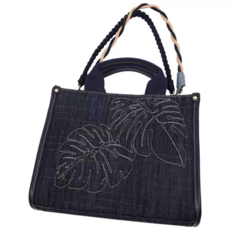 Tommy Bahama Dorothy Medium Denim Tote – Embroidered Leaf Convertible Top Handle & Crossbody Bag