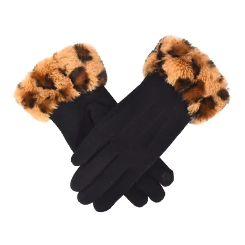 Women Wool Gloves with Faux Fur Leopard Print Cuffs