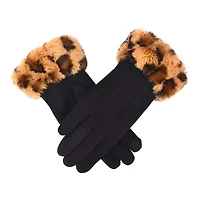 Women Wool Gloves with Faux Fur Leopard Print Cuffs