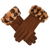 Women Wool Gloves with Faux Fur Leopard Print Cuffs