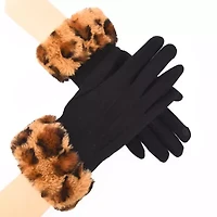Women Wool Gloves with Faux Fur Leopard Print Cuffs