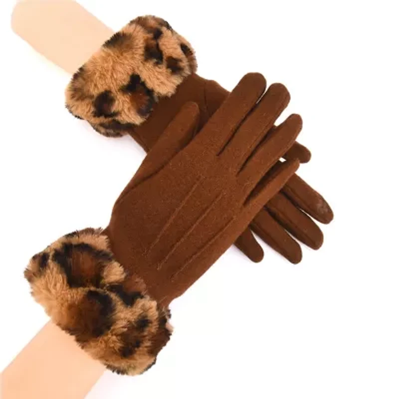 Women Wool Gloves with Faux Fur Leopard Print Cuffs