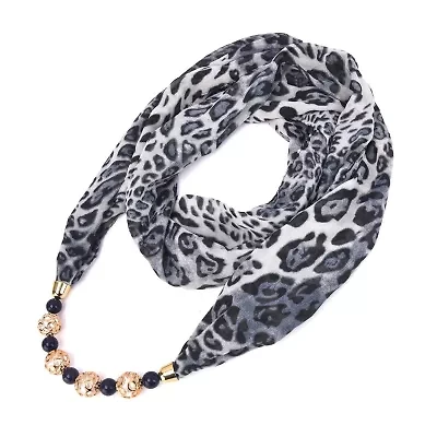 Women's Leopard Printed Infinity Scarf with Beaded Pearls