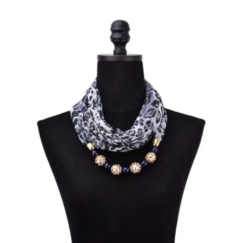 Women's Leopard Printed Infinity Scarf with Beaded Pearls