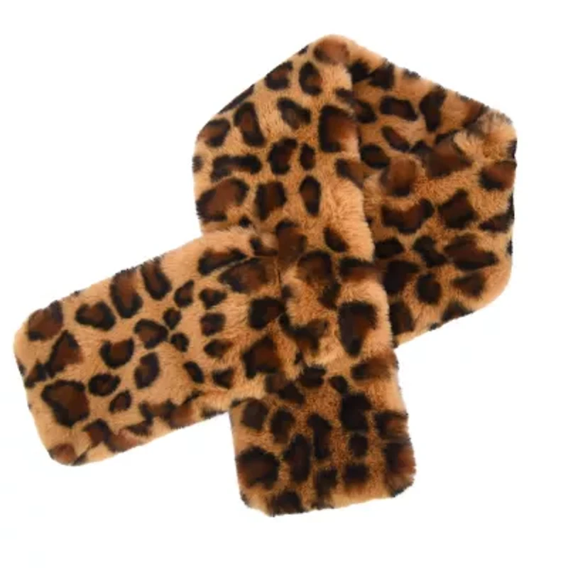 Women's Leopard Print Plush Faux Fur Pull Through Scarf