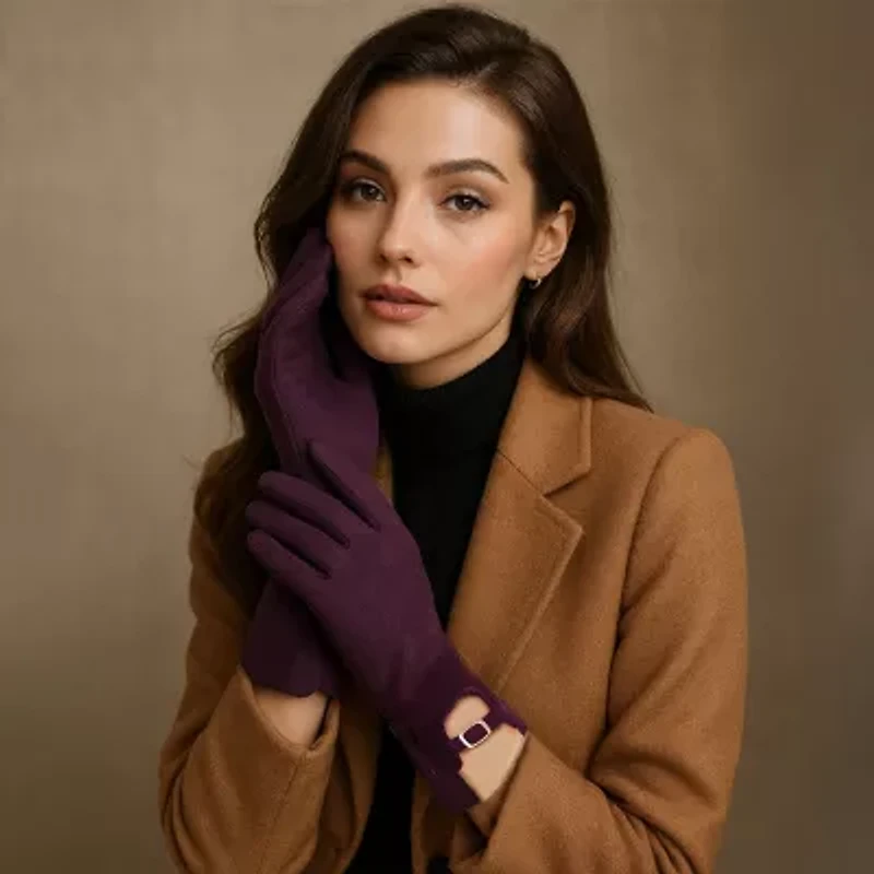 Women Faux Suede Gloves with Belted Cuff