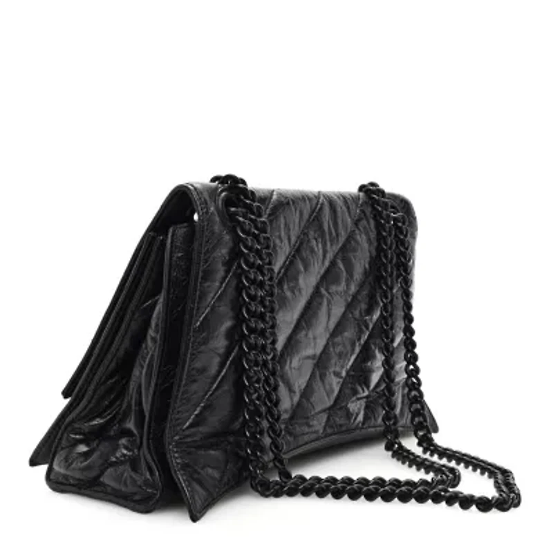 Balenciaga Crushed Calfskin Quilted Matte Black Hardware Medium Crush Chain Bag Black -FINAL SALE NO RETURNS