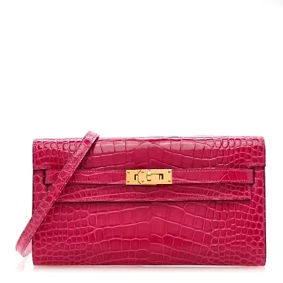Hermes Shiny Alligator Kelly Wallet To Go Rose Scheherazade -FINAL SALE NO RETURNS