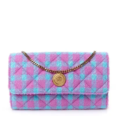 Versace Tweed Quilted Medusa Wallet on Chain Crossbody Pink Blue -FINAL SALE NO RETURNS
