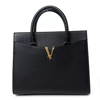 Versace Grained Calfskin Large Virtus Top Handle Shoulder Bag Black -FINAL SALE NO RETURNS