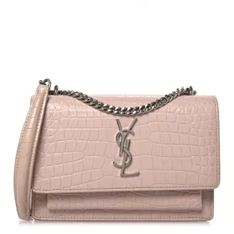 Saint Laurent Calfskin Crocodile Embossed Monogram Sunset Chain Wallet Marble Pink -FINAL SALE NO RETURNS