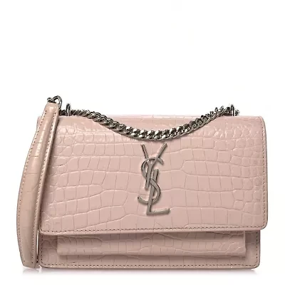 Saint Laurent Calfskin Crocodile Embossed Monogram Sunset Chain Wallet Marble Pink -FINAL SALE NO RETURNS