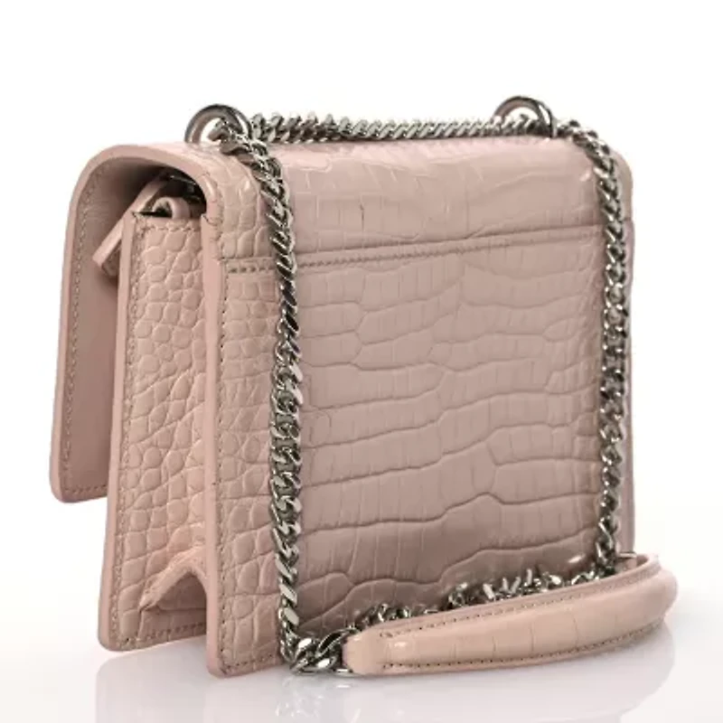 Saint Laurent Calfskin Crocodile Embossed Monogram Sunset Chain Wallet Marble Pink -FINAL SALE NO RETURNS