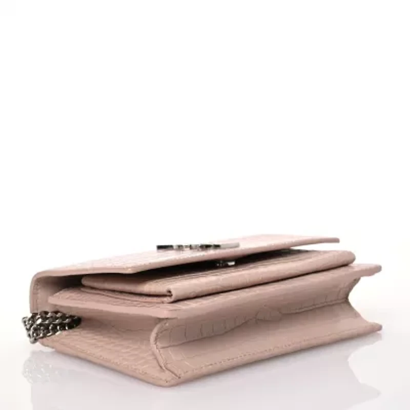 Saint Laurent Calfskin Crocodile Embossed Monogram Sunset Chain Wallet Marble Pink -FINAL SALE NO RETURNS