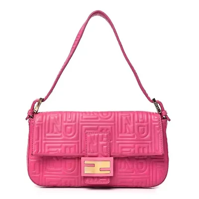 Fendi Nappa Logo Embossed Baguette Fuchsia -FINAL SALE NO RETURNS