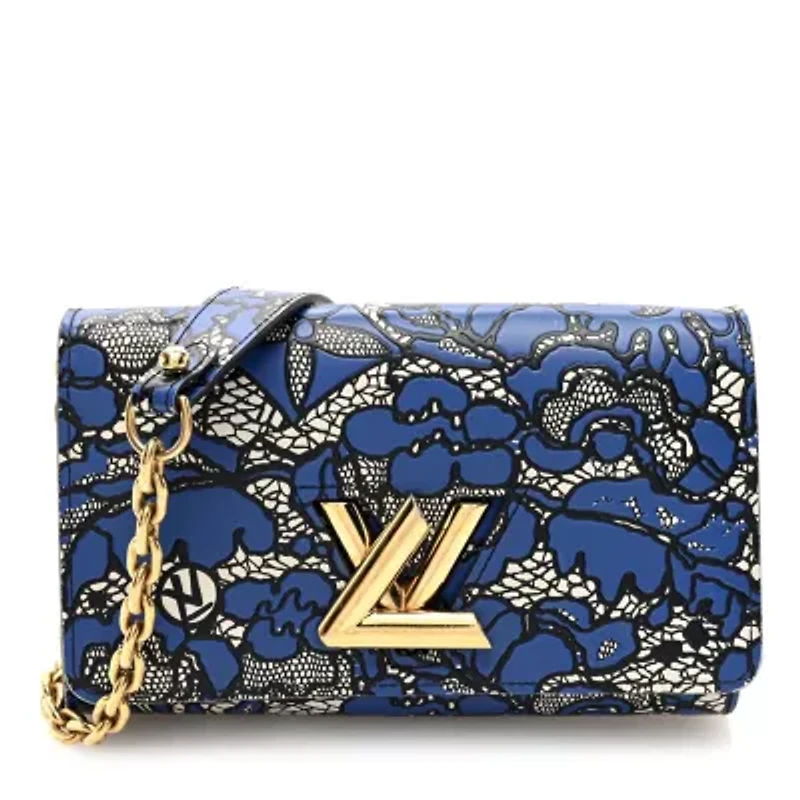 Louis Vuitton Calfskin Lace Flower Inlay Twist Chain Wallet  Navy Black -FINAL SALE NO RETURNS