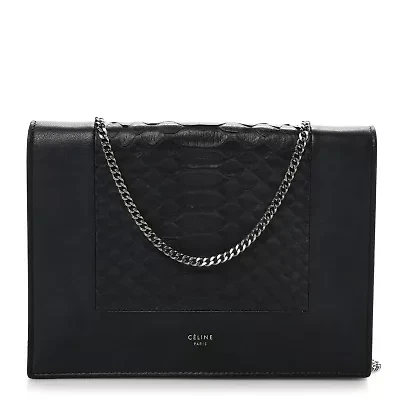 Celine Snakeskin Smooth Lambskin Frame Evening Chain Clutch Black -FINAL SALE NO RETURNS