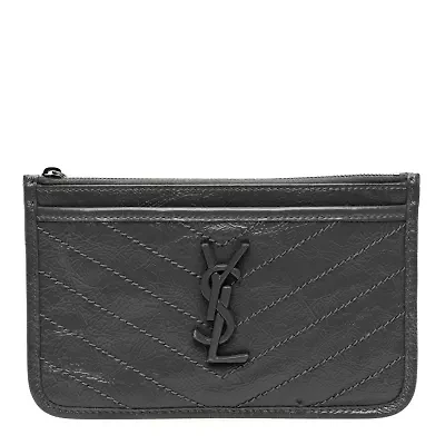 Saint Laurent Crinkled Calfskin Matelasse Monogram Niki Bill Pouch Storm -FINAL SALE NO RETURNS