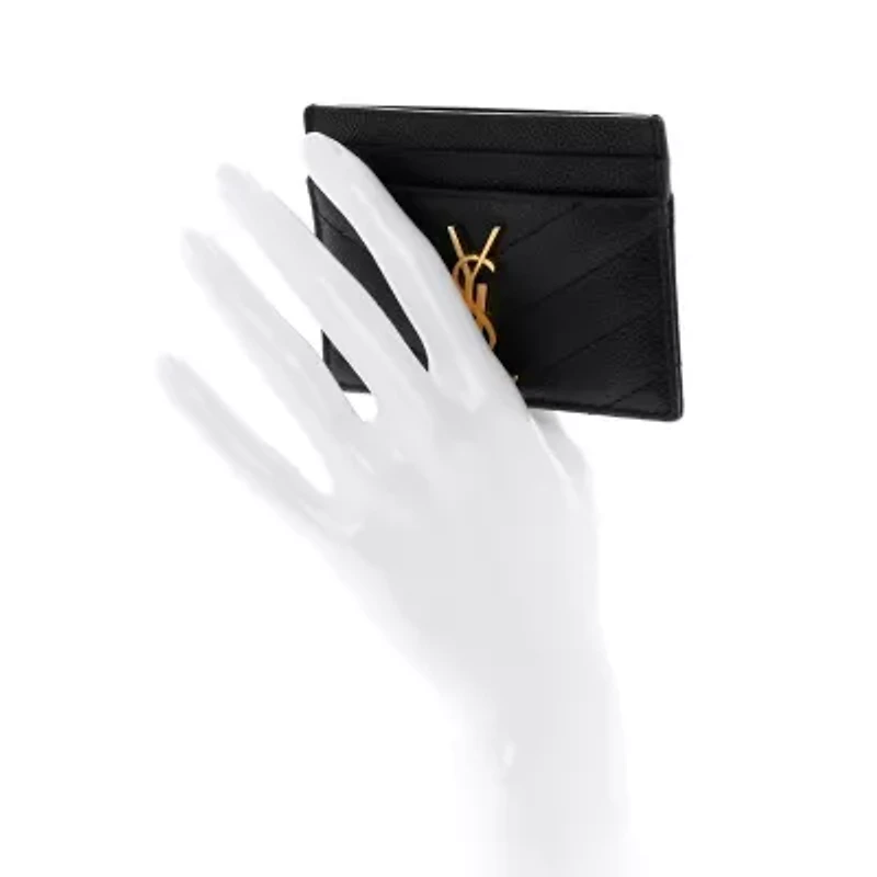 Saint Laurent Grain De Poudre Matelasse Chevron Monogram Credit Card Case Black -FINAL SALE NO RETURNS