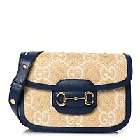 Gucci Raffia Textured Dollar Calfskin GG Monogram Horsebit 1955 Shoulder Bag Natural Mystic White Blue Agata -FINAL SALE NO RETURNS