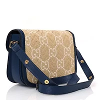 Gucci Raffia Textured Dollar Calfskin GG Monogram Horsebit 1955 Shoulder Bag Natural Mystic White Blue Agata -FINAL SALE NO RETURNS
