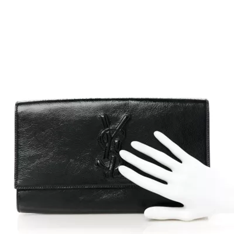 Saint Laurent Textured Patent Monogram Large Belle De Jour Clutch Black -FINAL SALE NO RETURNS