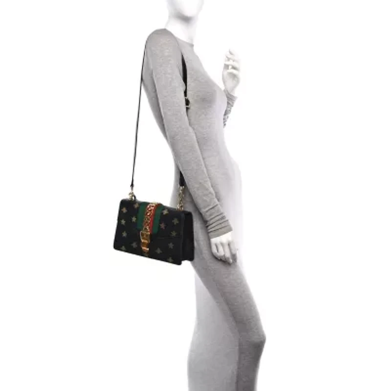Gucci Textured Calfskin Bee Star Print Small Sylvie Shoulder Bag Black -FINAL SALE NO RETURNS