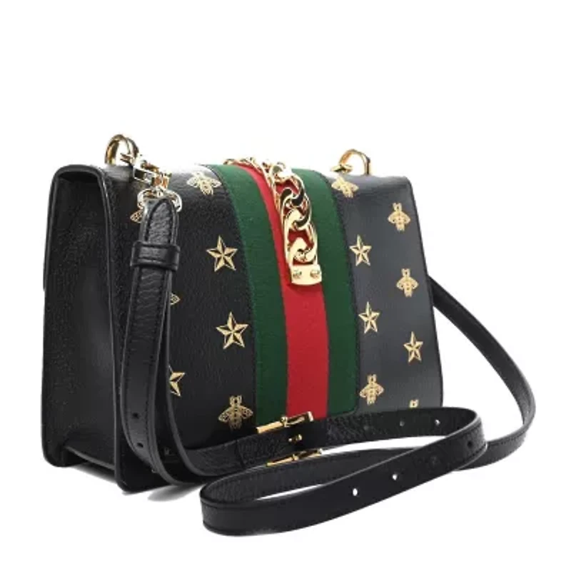 Gucci Textured Calfskin Bee Star Print Small Sylvie Shoulder Bag Black -FINAL SALE NO RETURNS