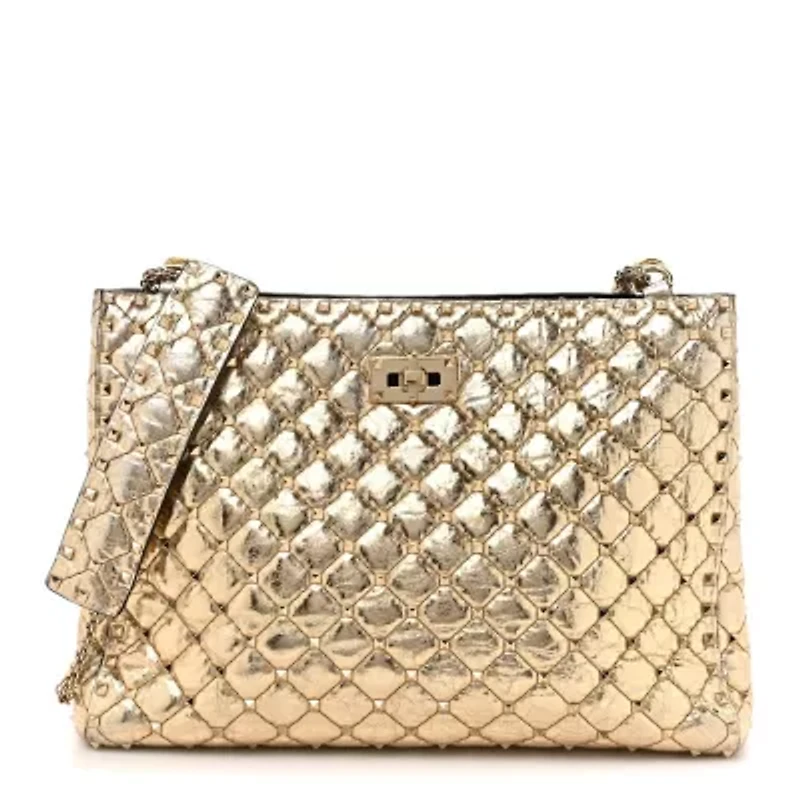 Valentino Garavani Metallic Calfskin Quilted Rockstud Tote Gold -FINAL SALE NO RETURNS
