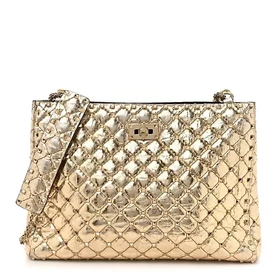 Valentino Garavani Metallic Calfskin Quilted Rockstud Tote Gold -FINAL SALE NO RETURNS