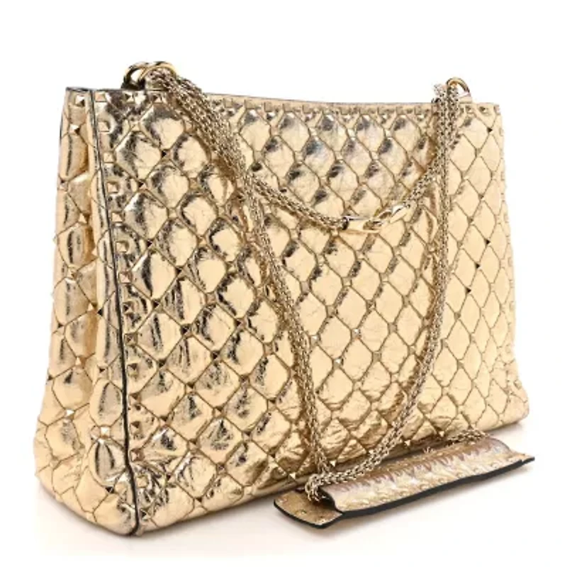 Valentino Garavani Metallic Calfskin Quilted Rockstud Tote Gold -FINAL SALE NO RETURNS