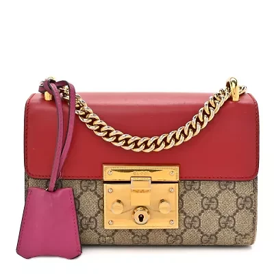 Gucci GG Supreme Monogram Calfskin Small Padlock Shoulder Bag Beige Hibiscus Red New Rosette -FINAL SALE NO RETURNS