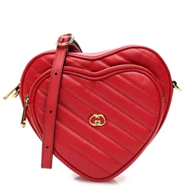 Gucci Calfskin Matelasse Diagonal Mini Interlocking G Heart Shoulder Bag Black -FINAL SALE NO RETURNS