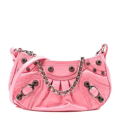 Balenciaga Extra Supple Calfskin Crocodile Embossed Le Cagole Mini Purse With Chain Sweet Pink -FINAL SALE NO RETURNS