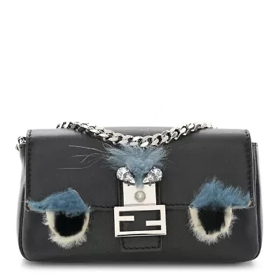 Fendi Nappa Rabbit Fox Fur Micro Buggie Baguette Black -FINAL SALE NO RETURNS